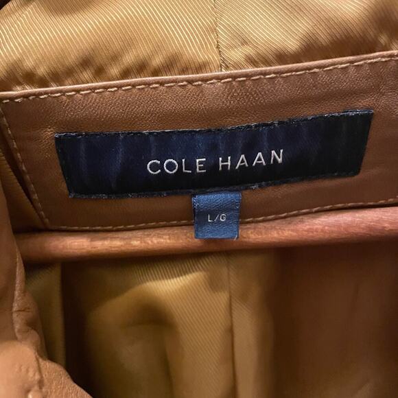 Cole Haan L Genuine Lambskin Leather Moto Jacket | Caramel Brown, Gold Zippers - Picture 9 of 11